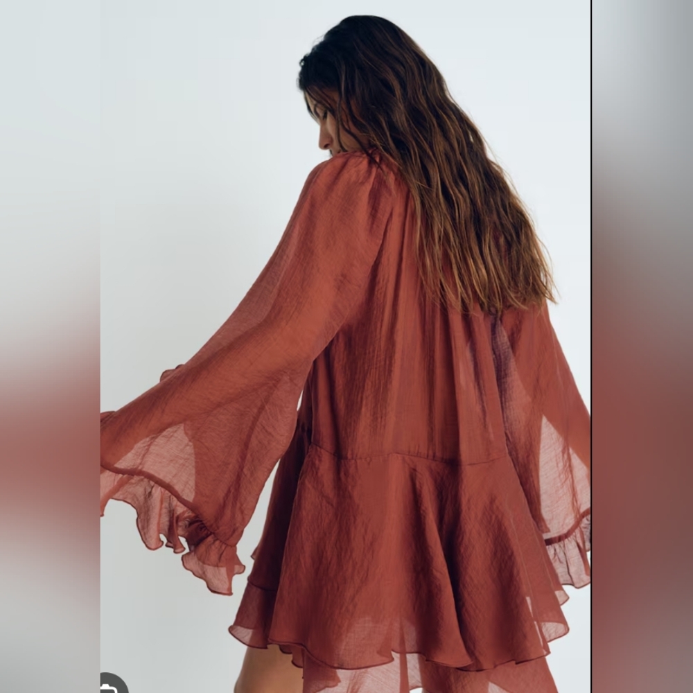 NWT H&M Flounced Ruffle Mini Dress In Rust - Picture 5 of 7